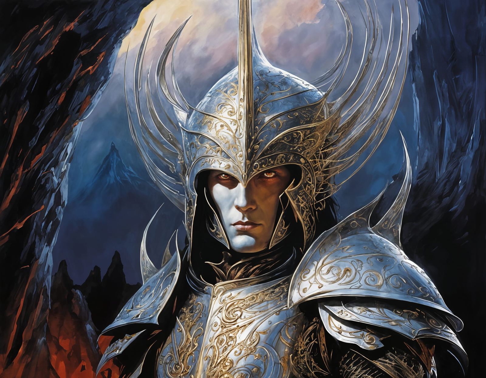 Sauron in white ornate elvish armor,  tolkien art style, by ...