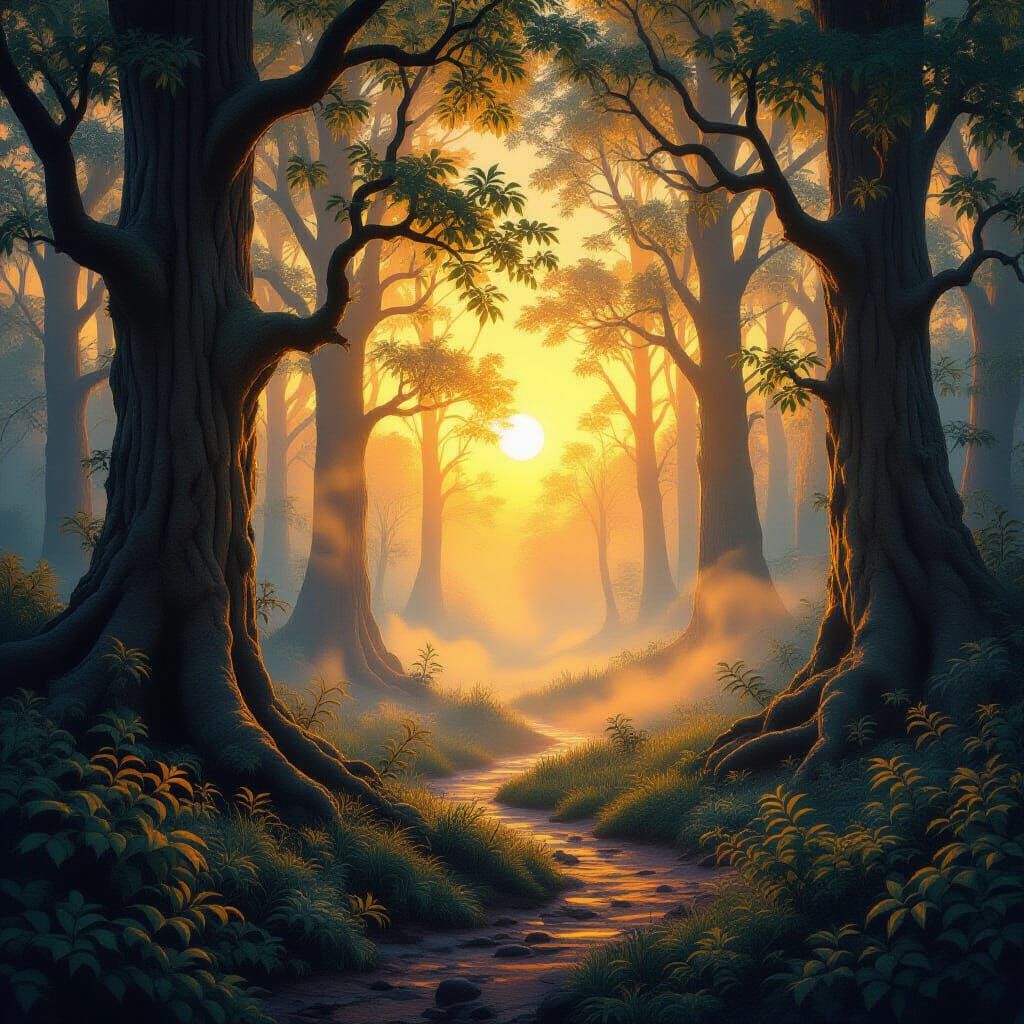 Magical Sunrise Forest with Ethereal Mist