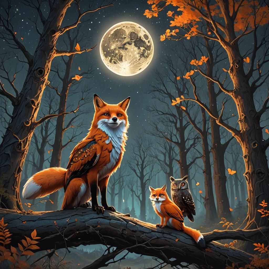A bright orange fox and a wise old owl sitting in a moonlit ...