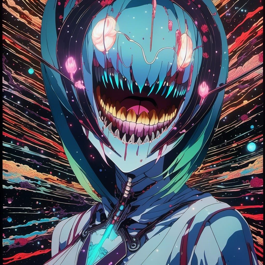 dark colorful analog horror shingeki no kyojin gardevoir teeth macabre,  <lora:Barf:0.6> glowing eyes, meat scenery silhouette, starry hell...