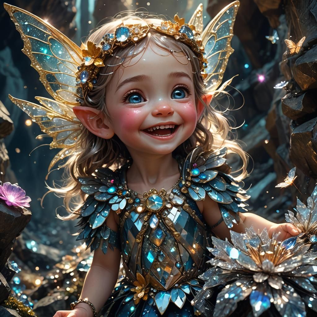 "Portrait of a tiny laughing glitter fairy in sparkling diam...