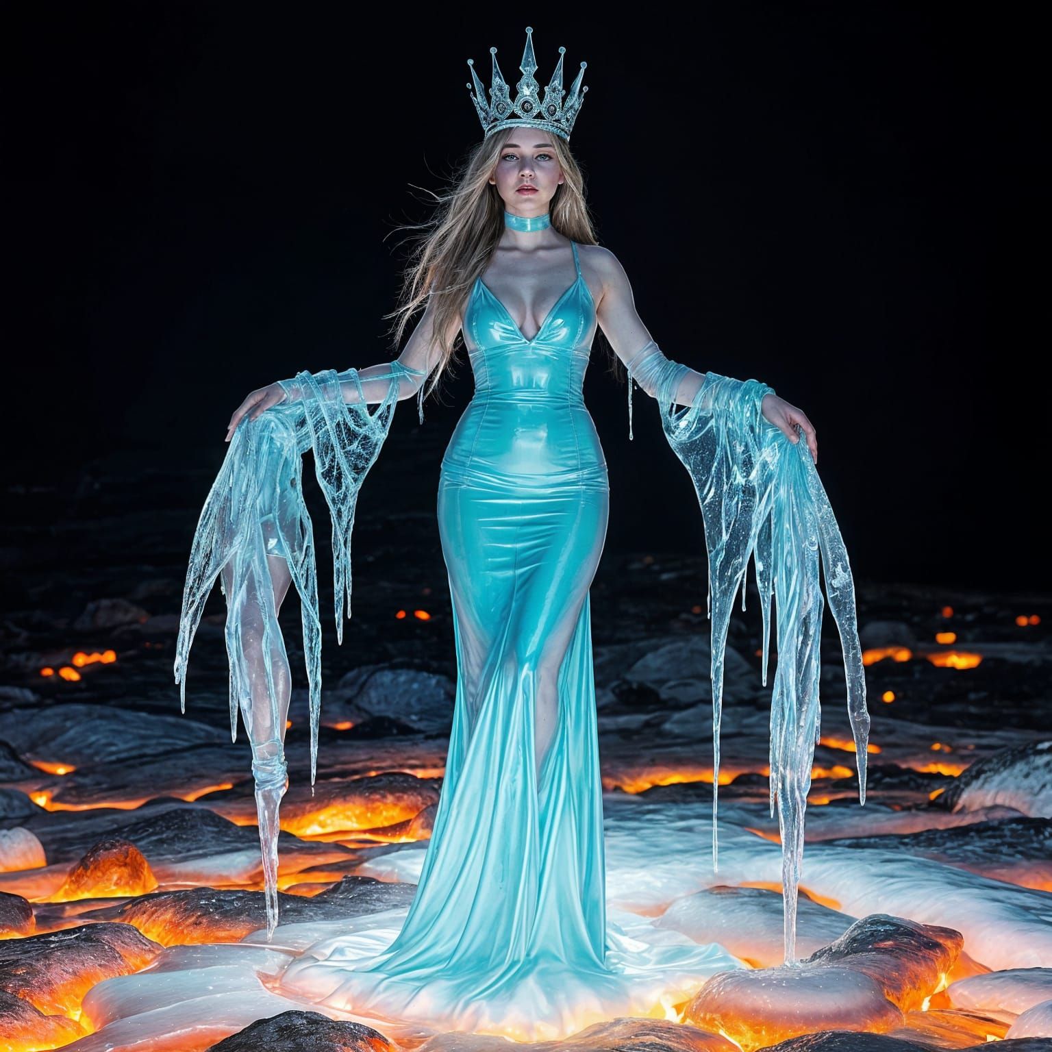beautiful woman, ice-queen, long latex dress, melting, stand...