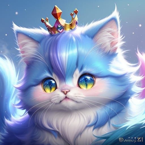 Kawaii Cat with Crown on Cloud, Vibrant Fantasy Art