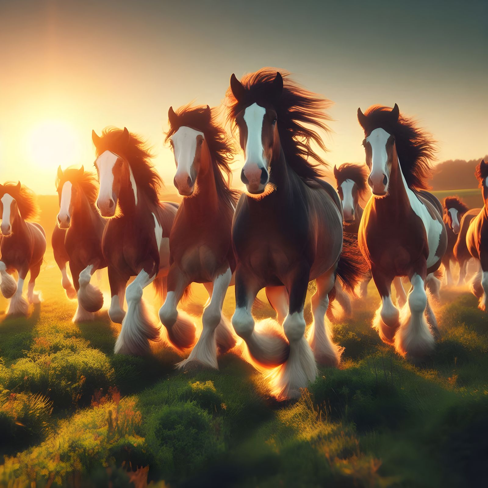 Clydesdales galloping