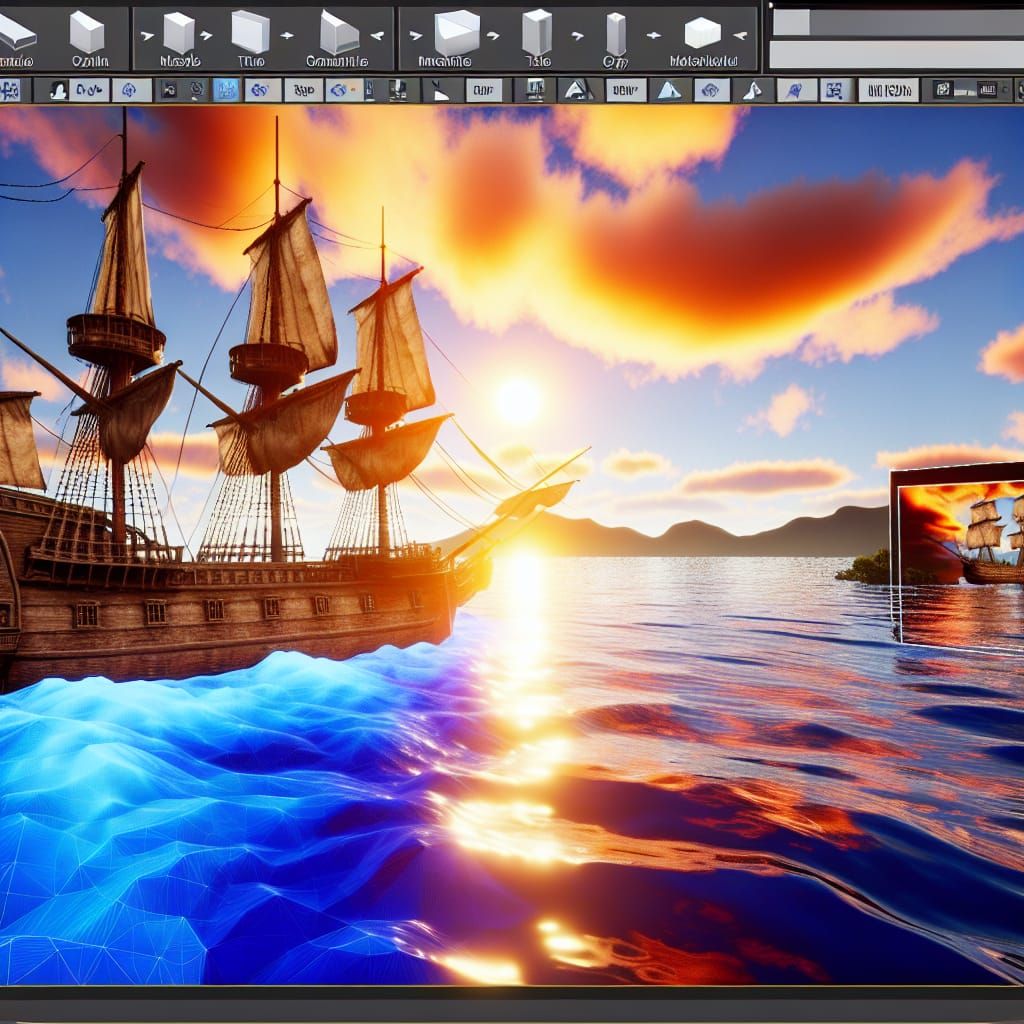 Epic 8K 3D Rendering of Ship at Sea Under Sunset