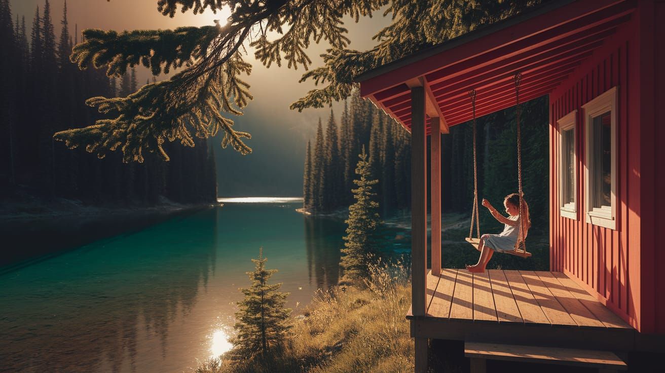 A small, bright hut in the middle of a coniferous forest, where the sun's rays pass through the green ...  by @Ayana