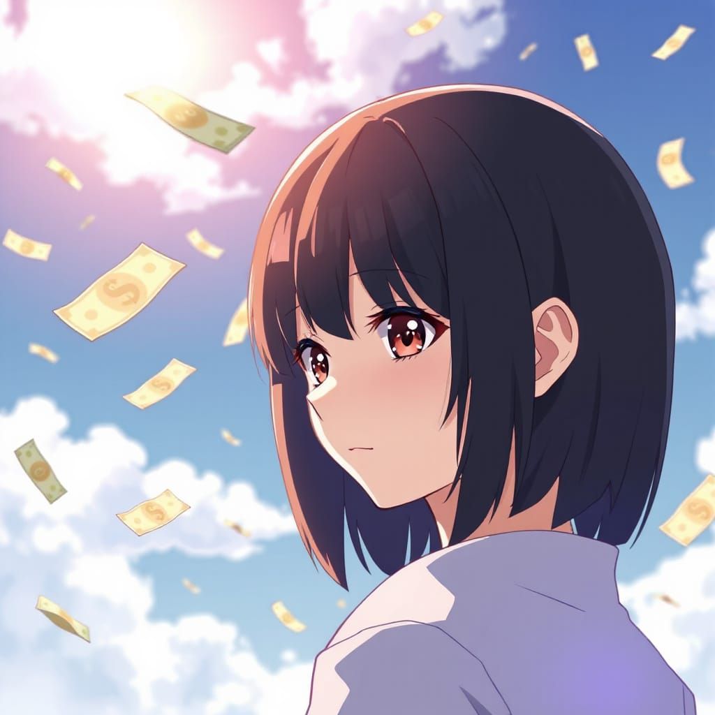 Anime Woman Watches Money Fly in the Sky
