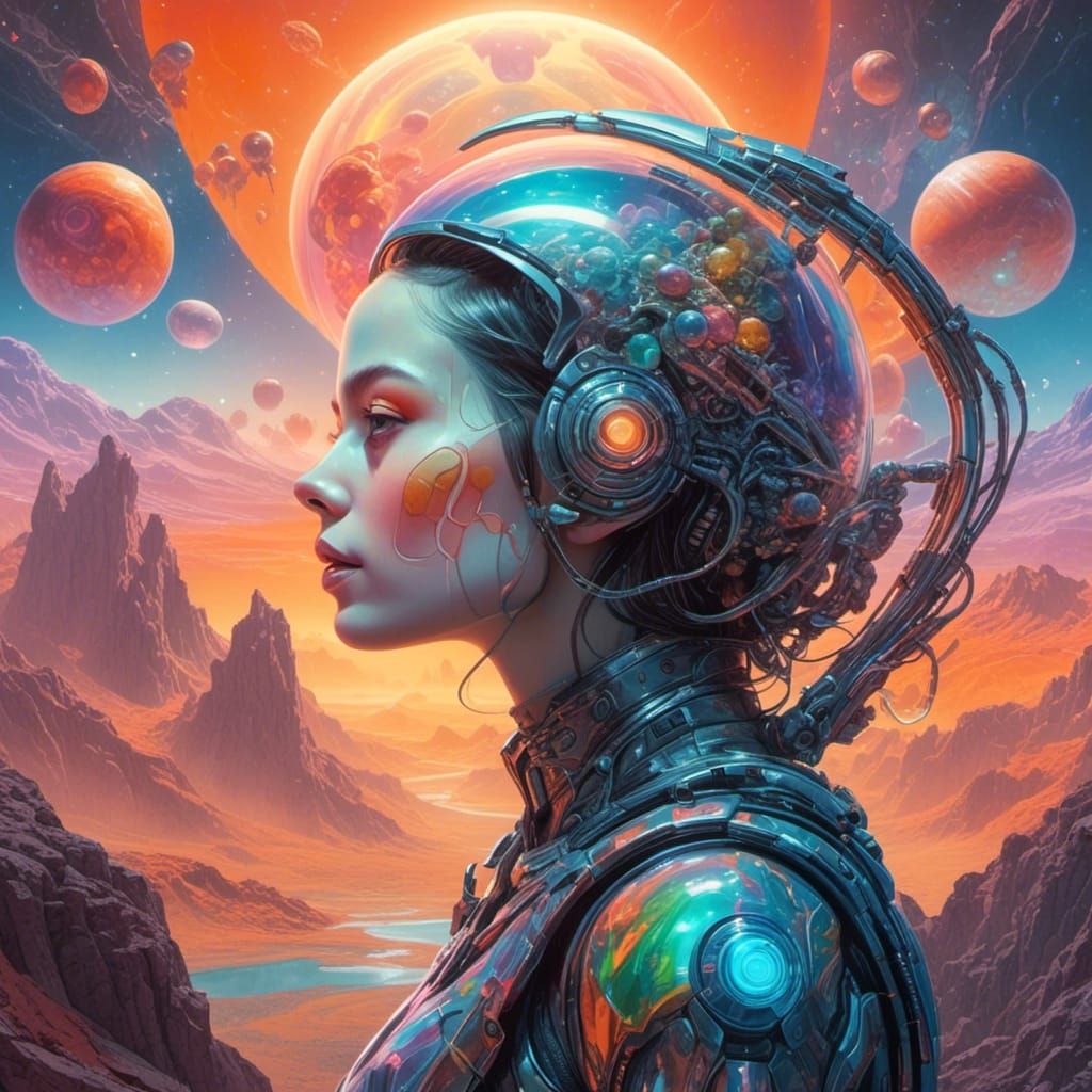 <lora:Bonbon Panic XL:1.0>
Candy sci-fi. Double exposure. Side profile portrait of a beautiful woman. a colorful alien planet with huge moon...