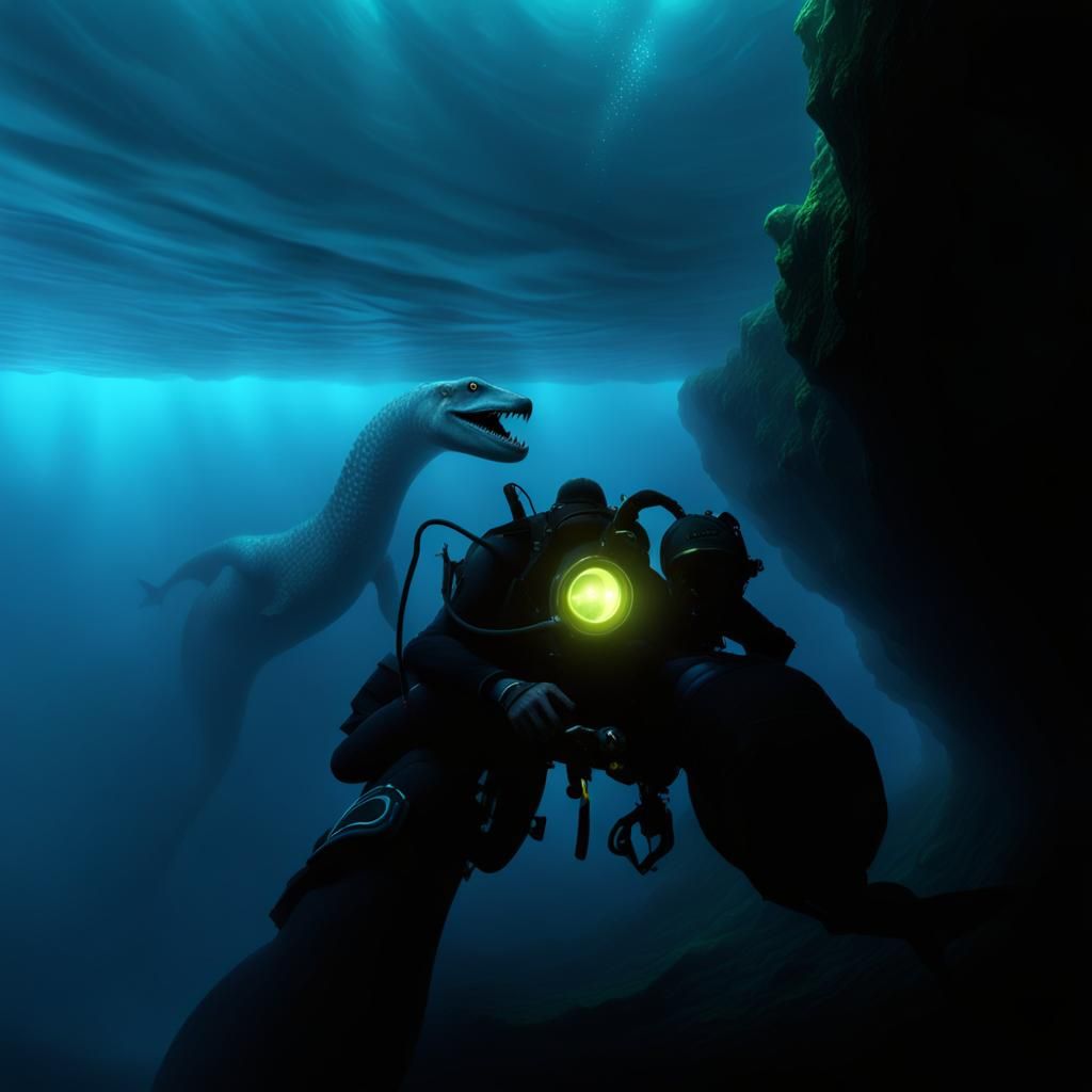 A scuba diver down 200feet deep below the surface of Loch Ne...