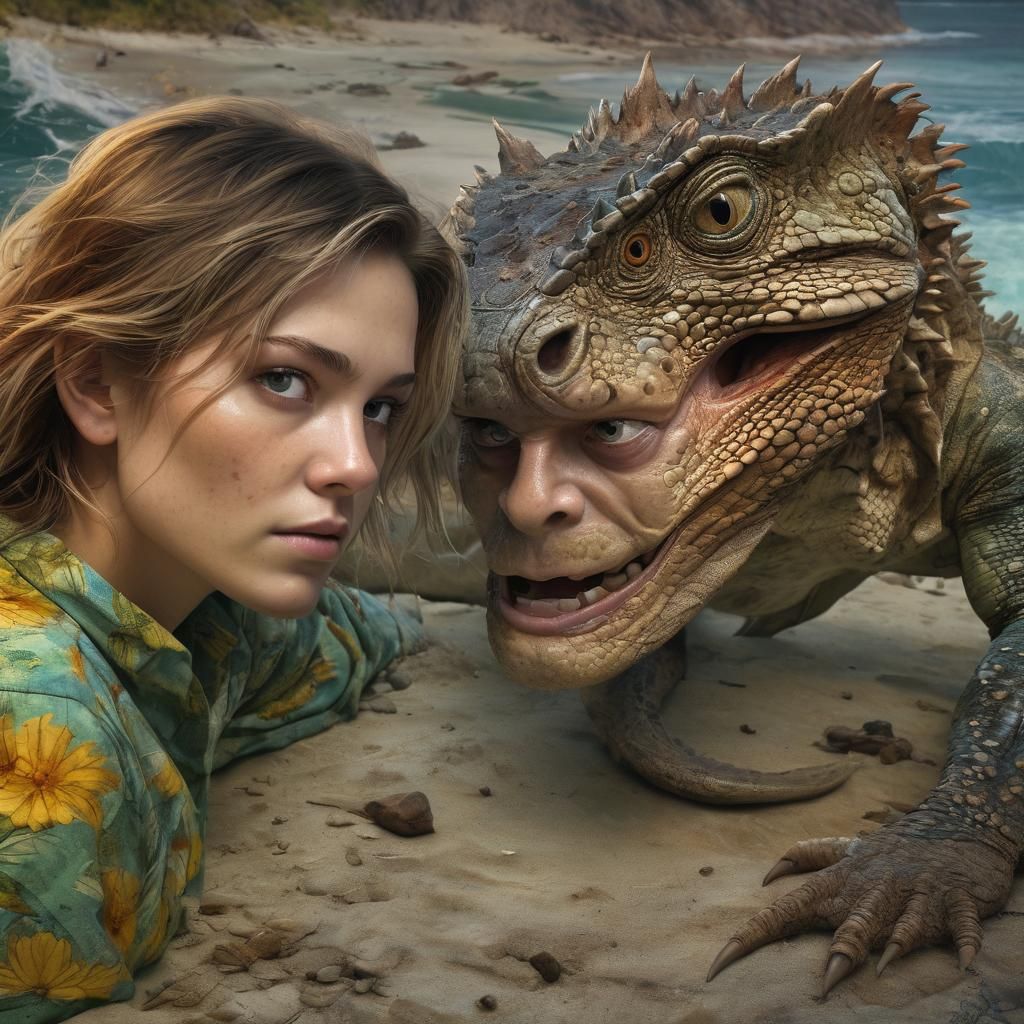 Movie poster featuring couple stranded on lizard island larg...