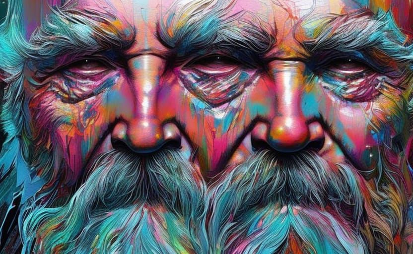 (( a close up portrait of an Wild Old Man covered in drippin...