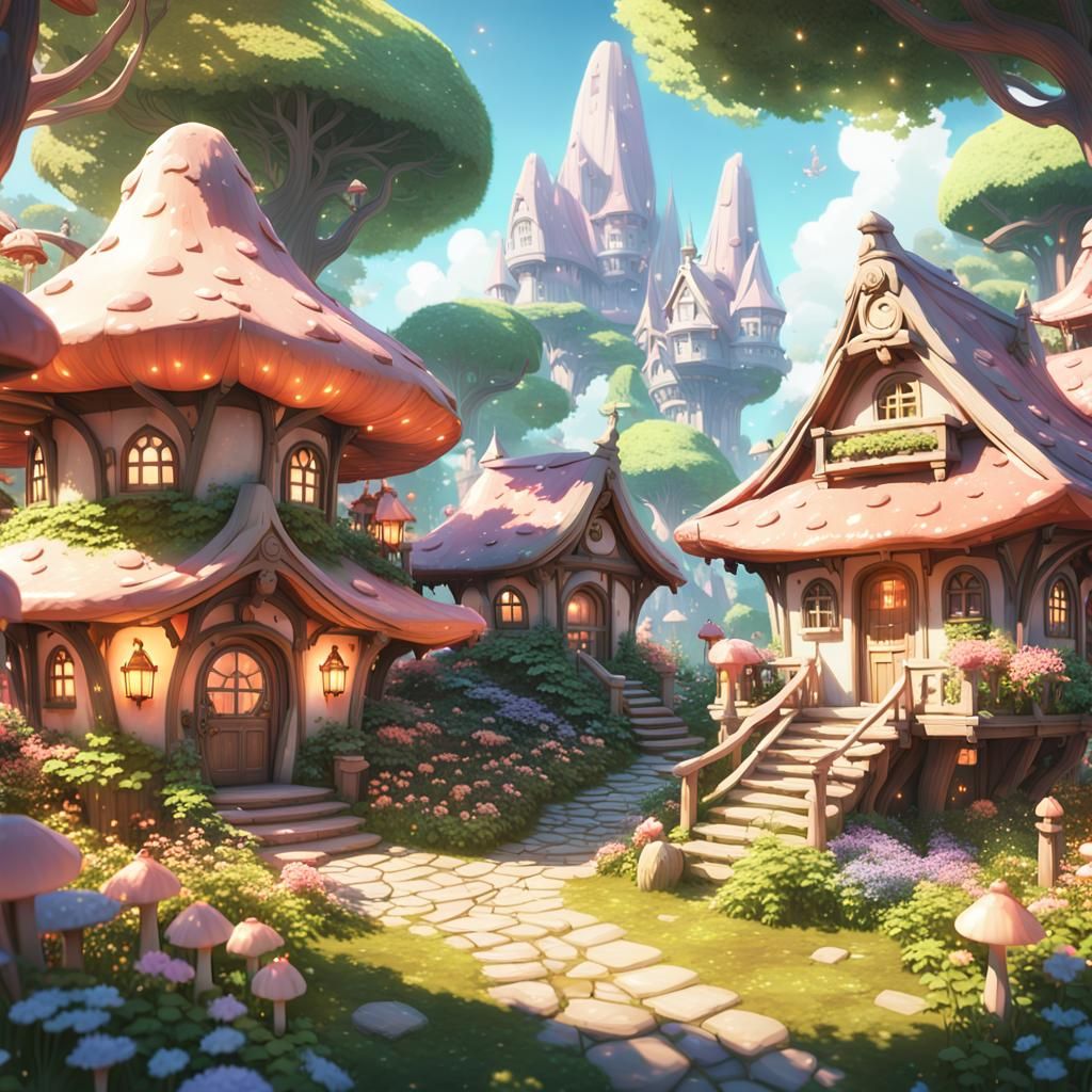 Lush Fairy Village in 3D Anime Style