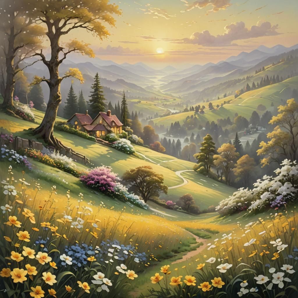 Ethereal Flowers Bloom in Pastoral Oil Painting