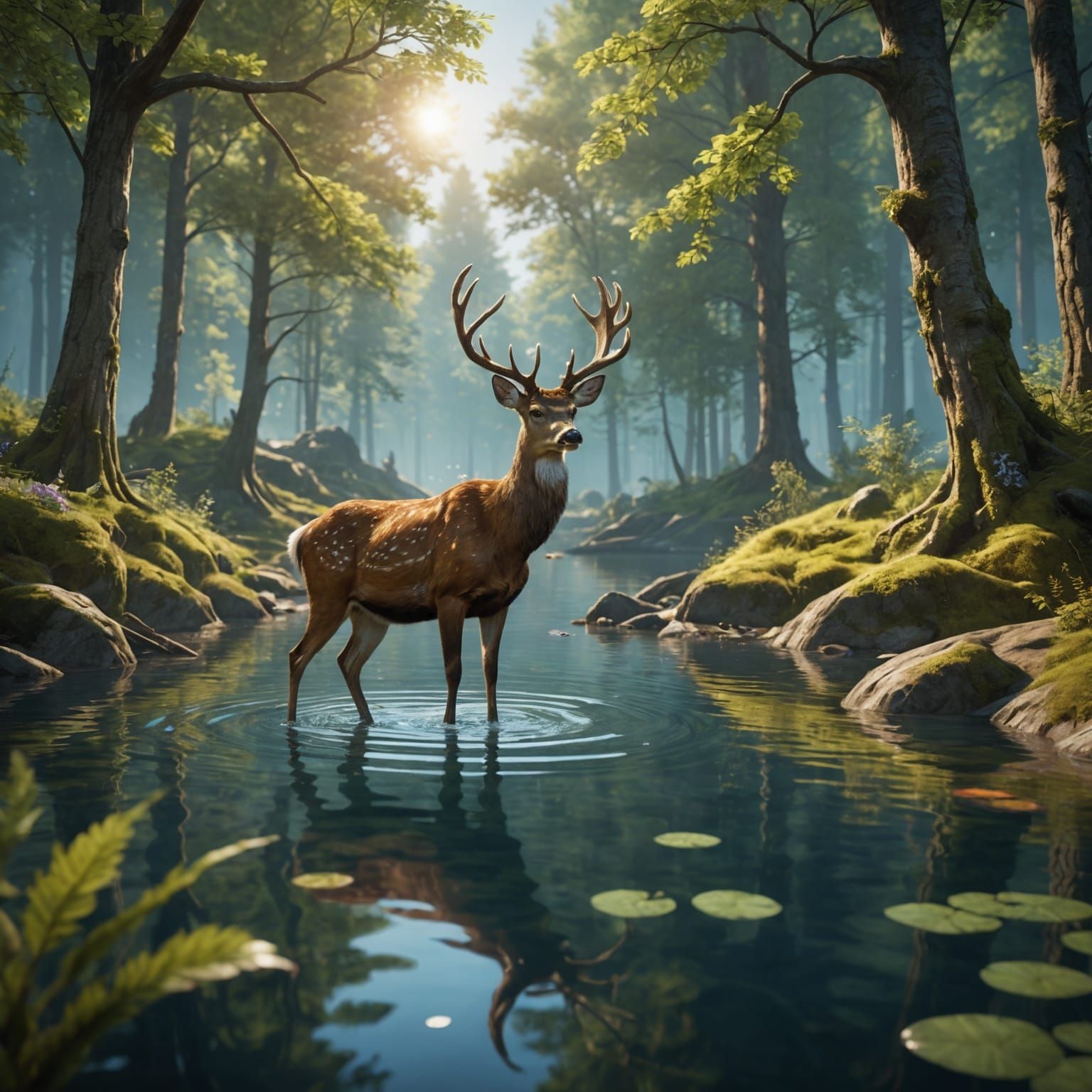 Deer Drinking in Forest Lake: Matte Painting