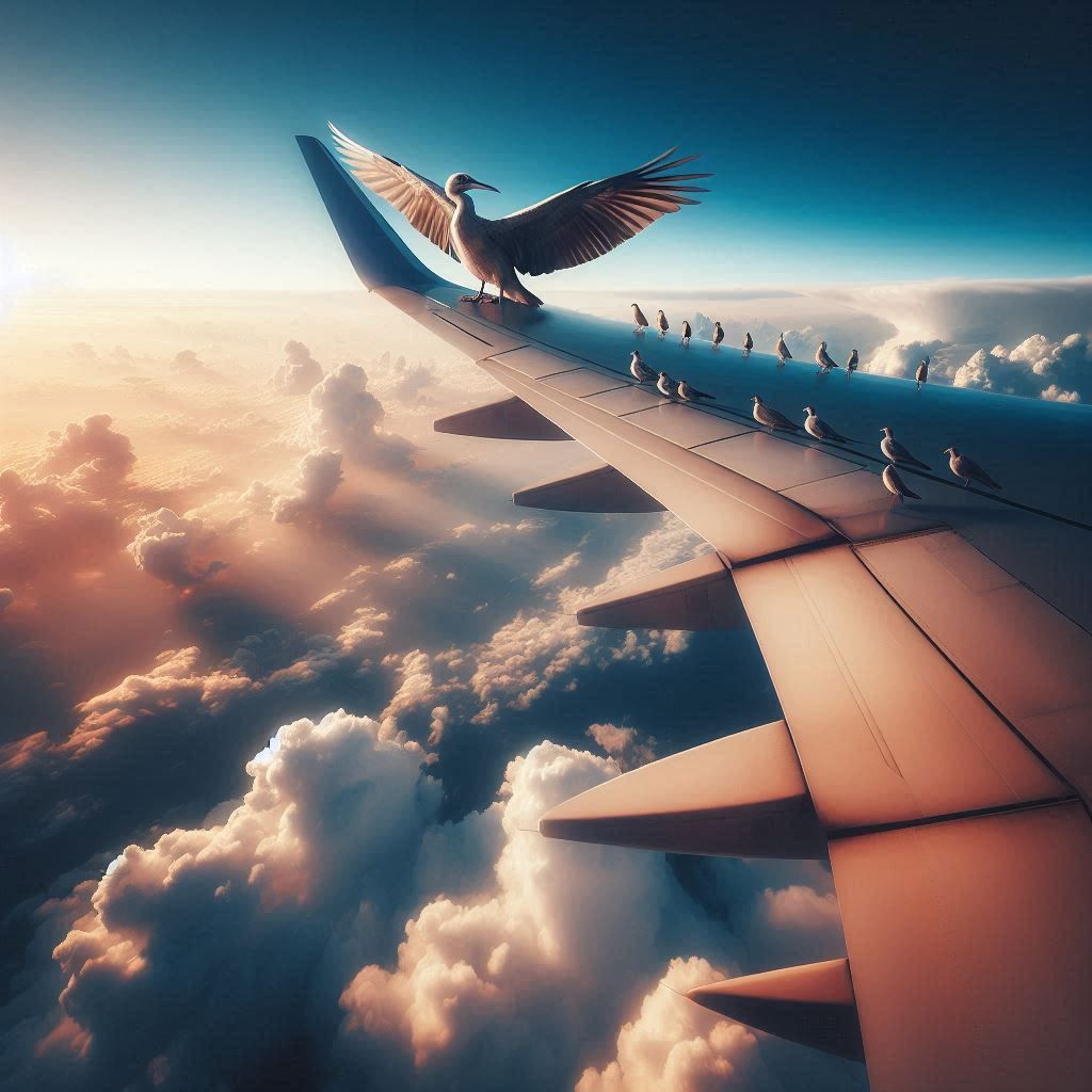 Bird flock resting on wing tip of airplane