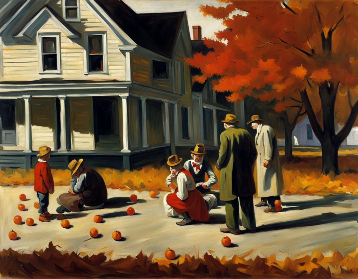 clowns gather their offspring's scattered limbs in autumn, detailed oil painting, edward hopper