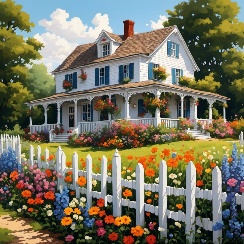 <lora:Framed in Flowers:1.0> A realistic farmhouse and picket fence.
