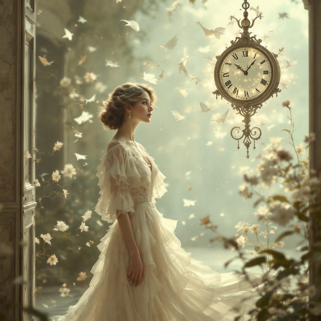 A crystal clock suspended in an almost ethereal environment,...