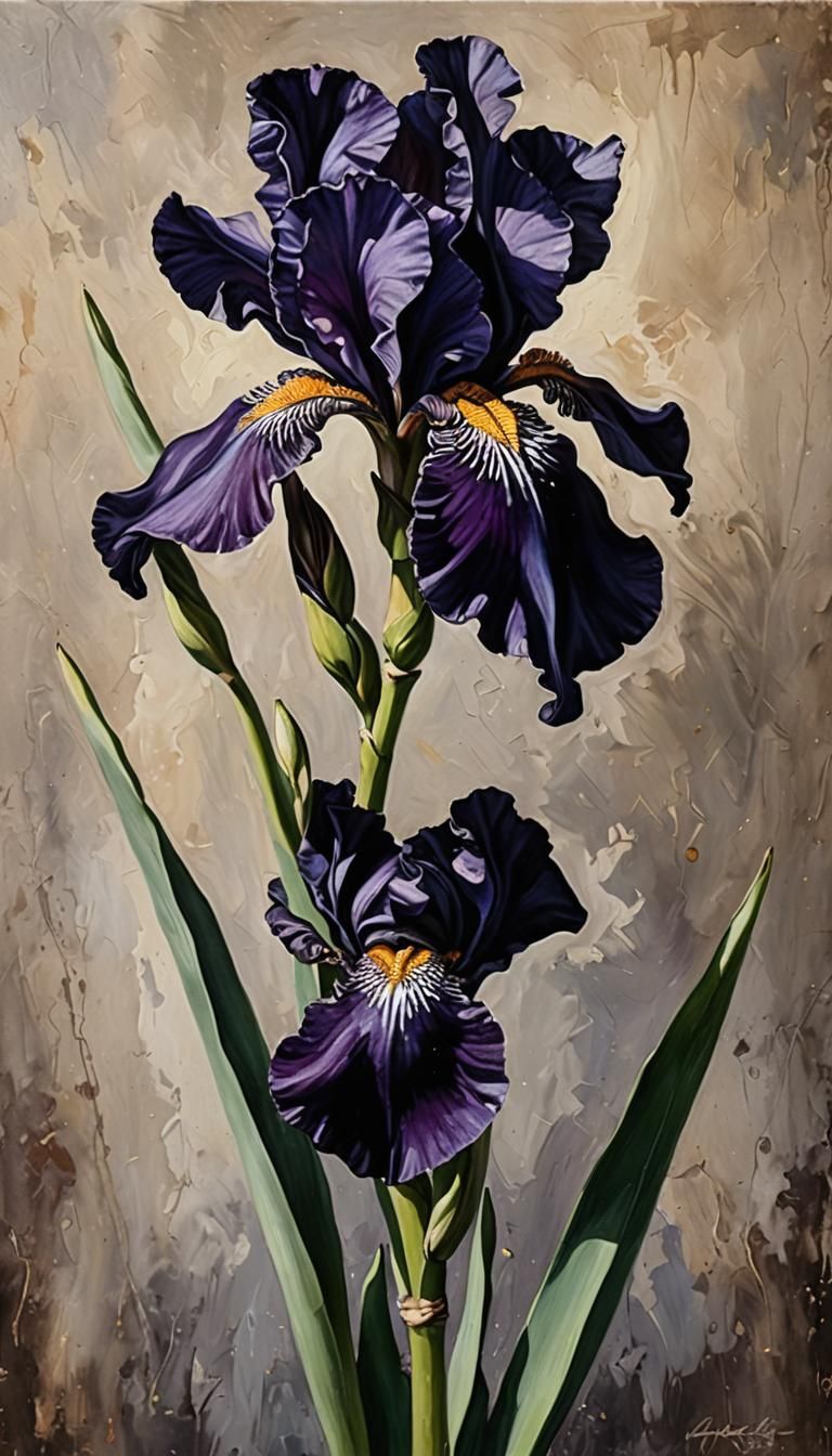 Realistic oil painting of a dark violet iris flower still life painting  by @Nathan Bundick
