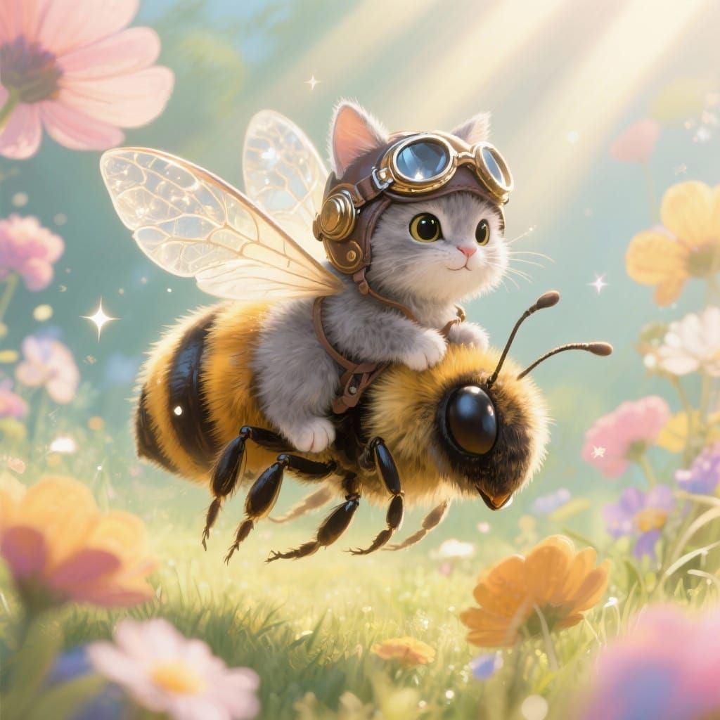 A highly detailed and whimsical fantasy illustration of a tiny fluffy kitten riding on the back of a large friendly bumblebee in mid-flight....