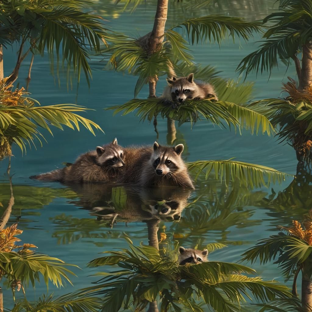 Raccoons on Palm Leaf at Sunset
