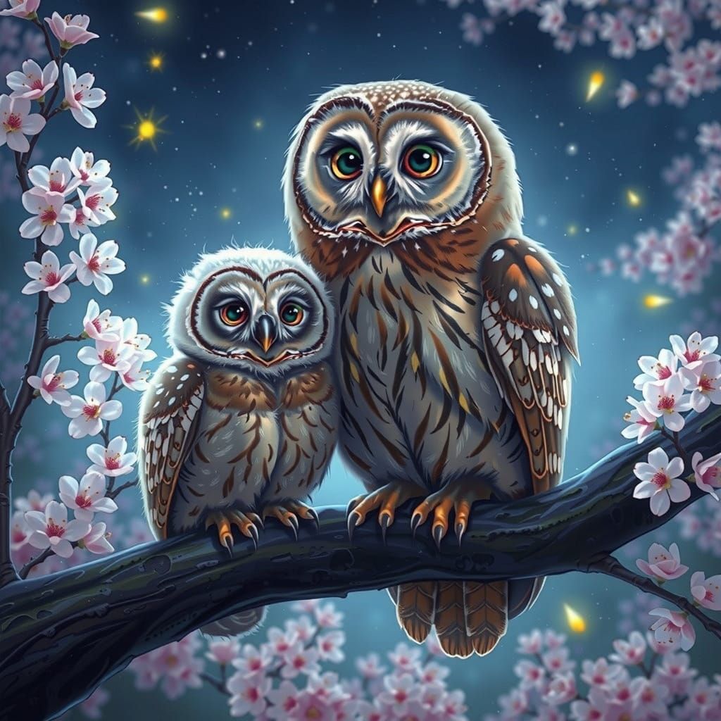 A fluffy baby owl nestled beside her mother