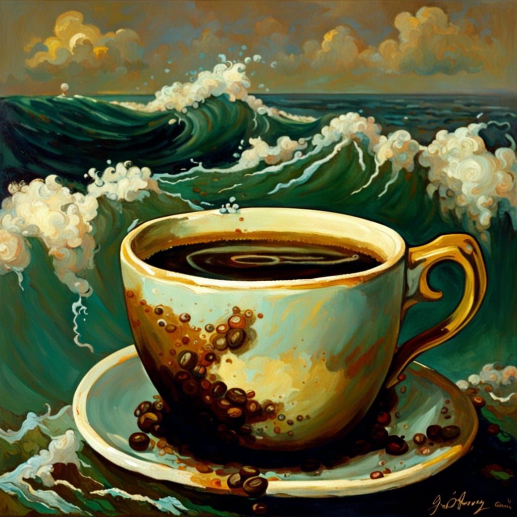 A coffee cup is dreaming of the coffee ocean, old oil painting in the ...