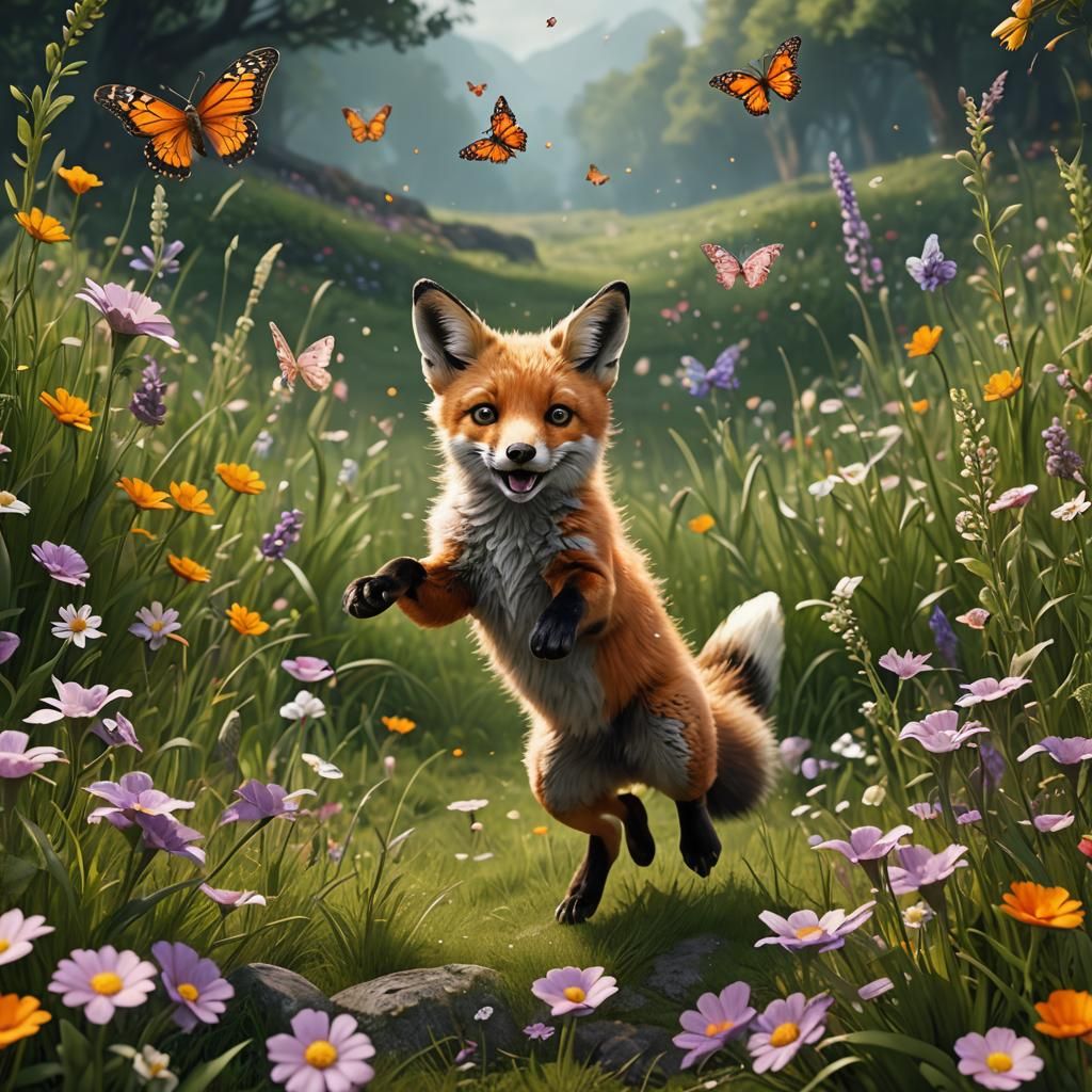 a fox pup jumping after a butterfly in a green meadow filled...