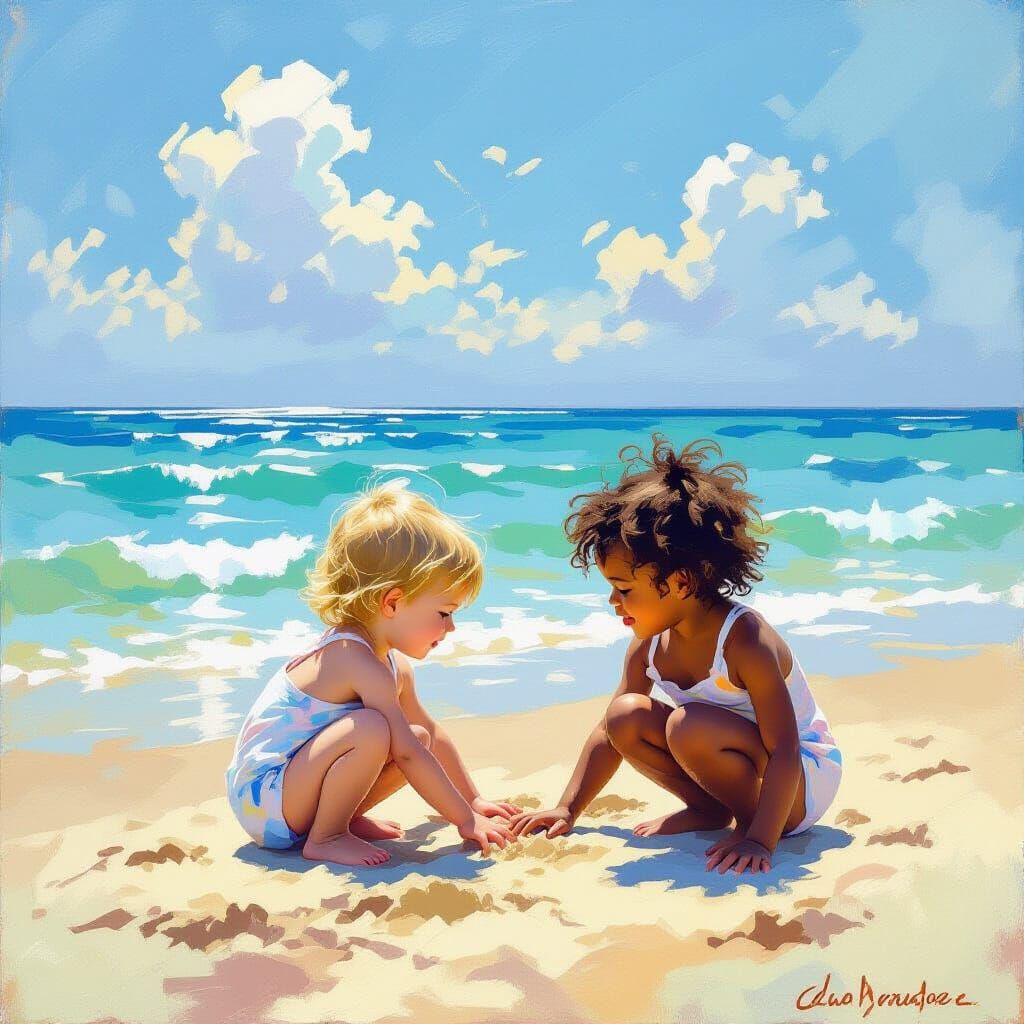 Children Playing on Sandy Seashore in Impressionist Style