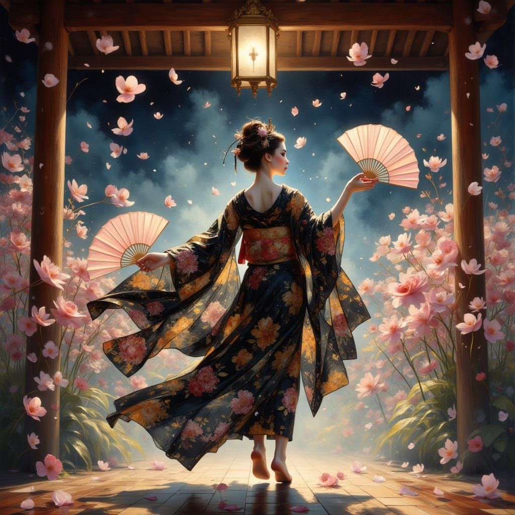 Japanese Geisha Dance in Moonlit Pavilion