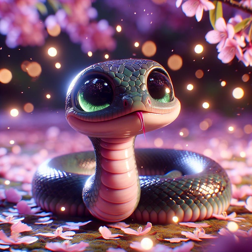 a cute realistic shiny baby snake, gazing up at the viewer w...