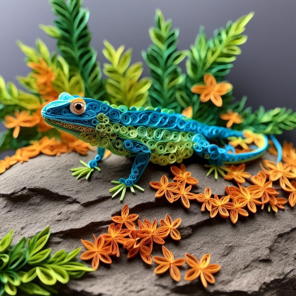 A lizard resting on a rock <lora:Quilling:1.0> 