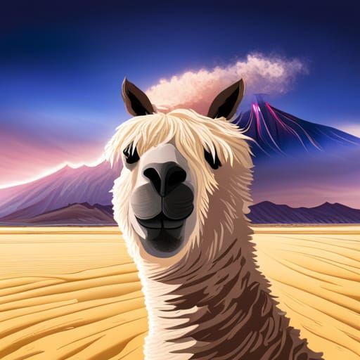 An alpaca in shades chills on a sunny beach, waves rolling i...