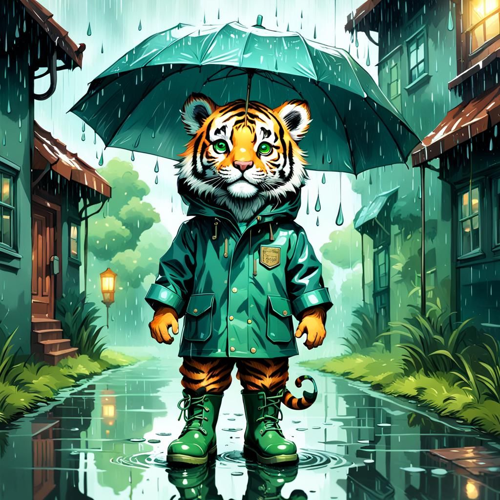 cute tiny tiger wearing a rain coat and green rubber boots ;...