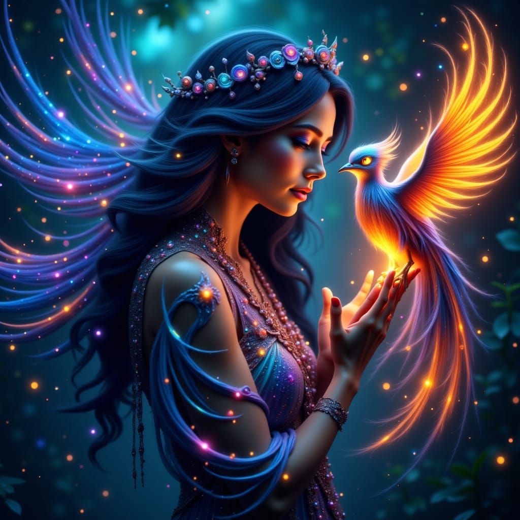 Hyperrealistic Portrait of a Woman with a Flaming Firebird