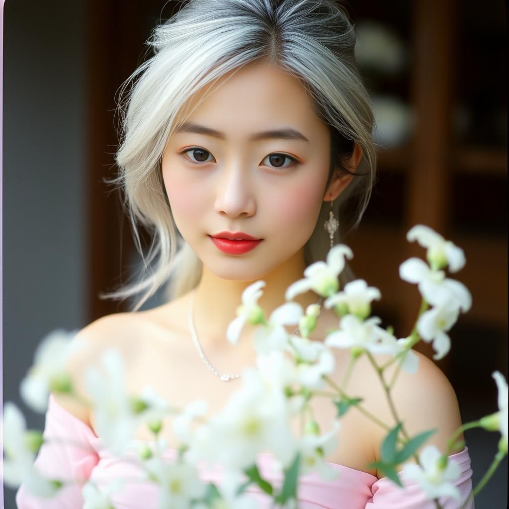 Portrait of Asian girl,highlight white and gray hair,pale skin,light