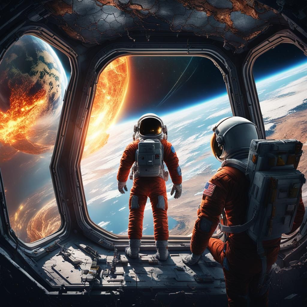 an astronaut looking out of a window in his space ship