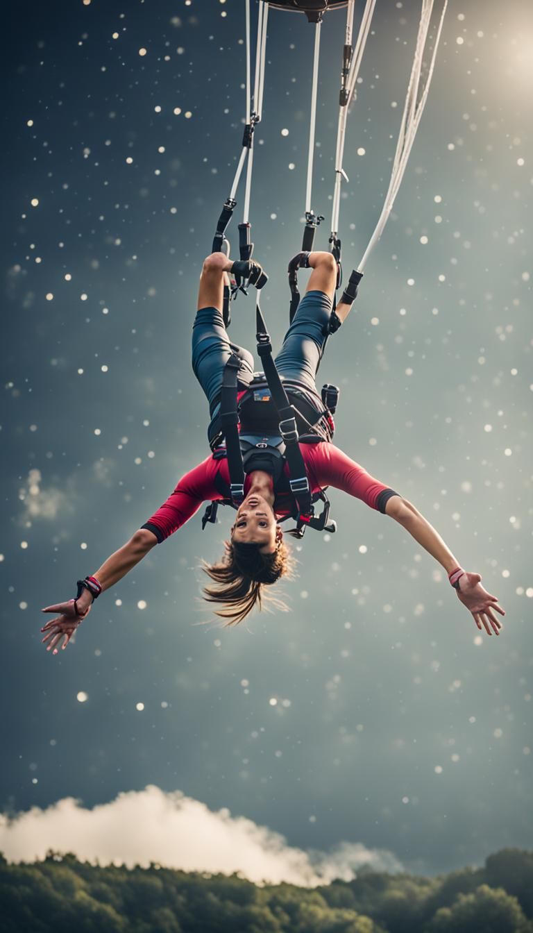 A woman bungee jumping upside down off the Moon