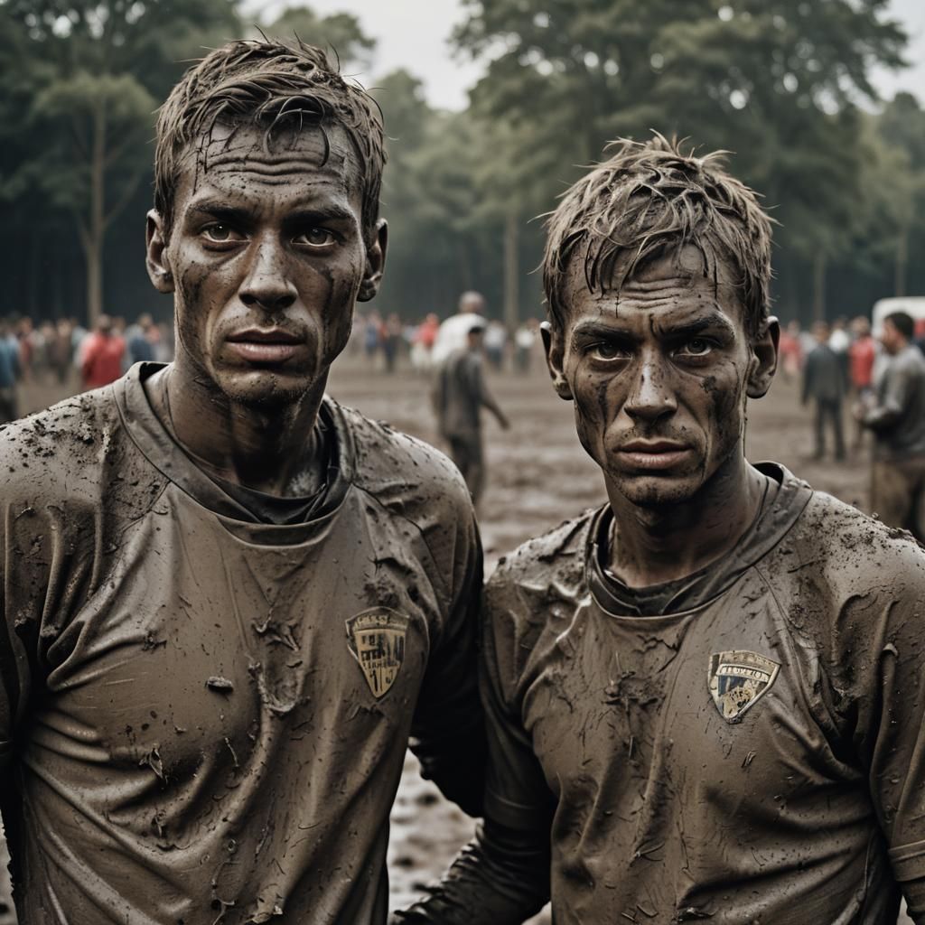 two football players covered in mud one taller than the other ...