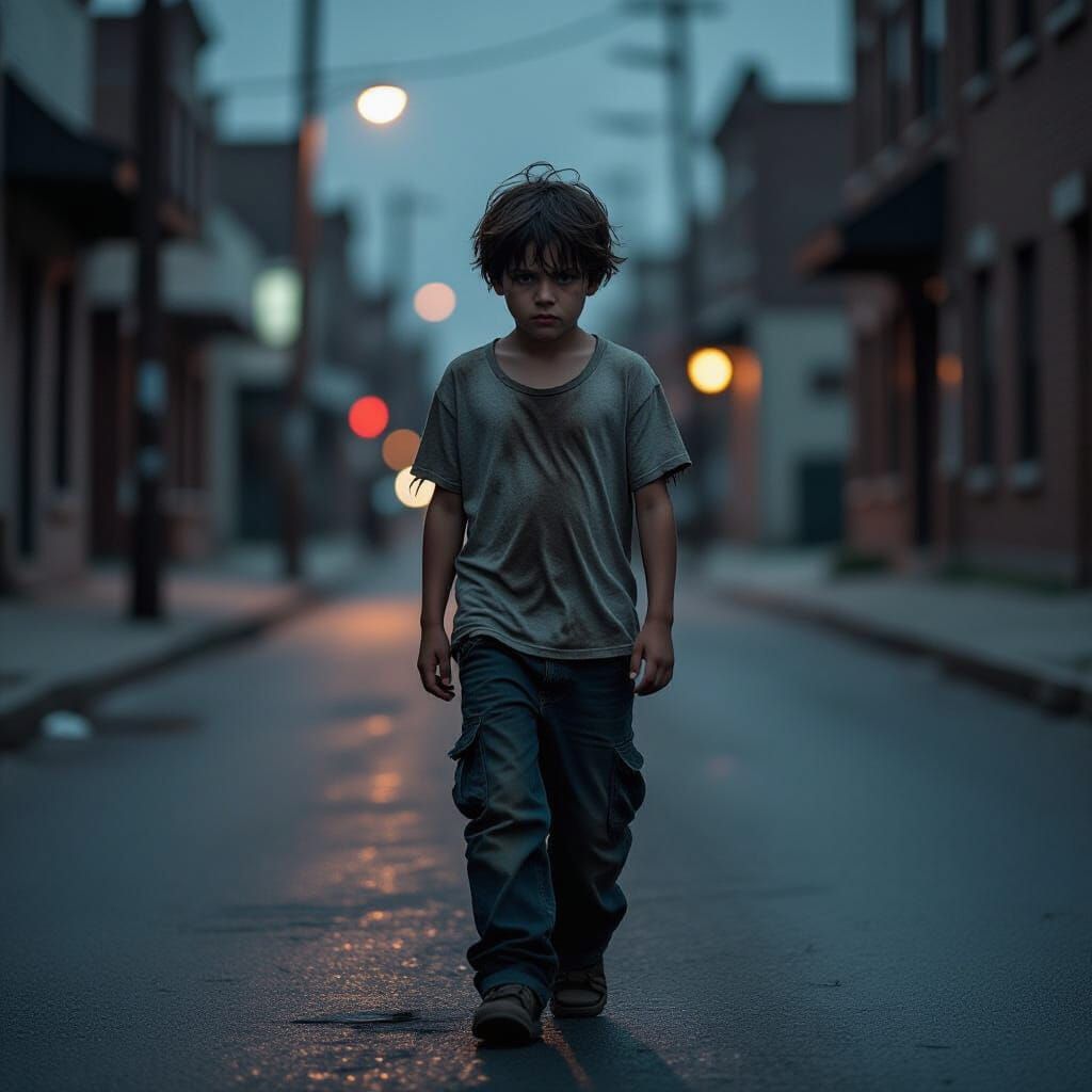Sad Boy in Ragged Clothes on Dark Street
