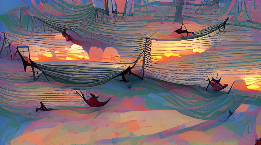 Hammocks on a beach at sunset