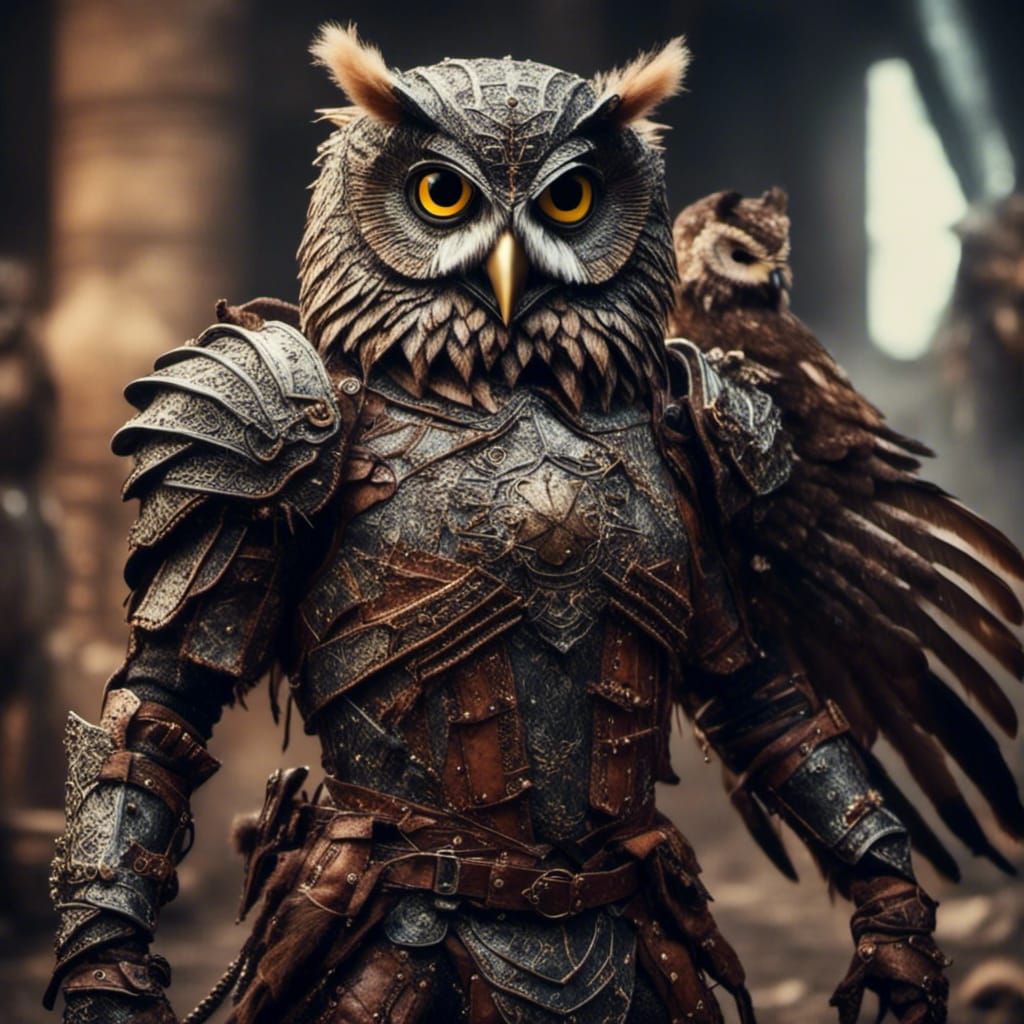 <lora:Battle Animals:1.0> Anthropomorphic Battle Owl dressed...