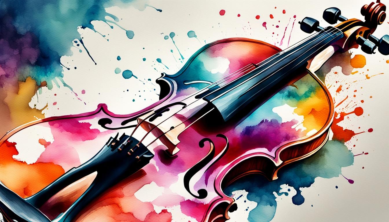 Colorful Violin in Watercolor Ink Illustration