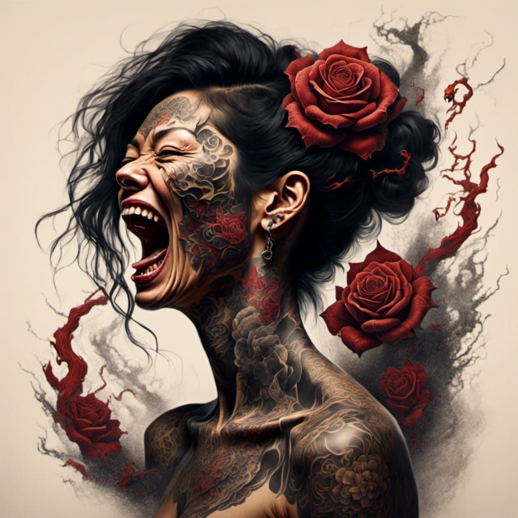 Portrait of a screaming female demon with tattoos peeling from their body, vivid tattoo starts to peel and twist, shedding its two-dimension...