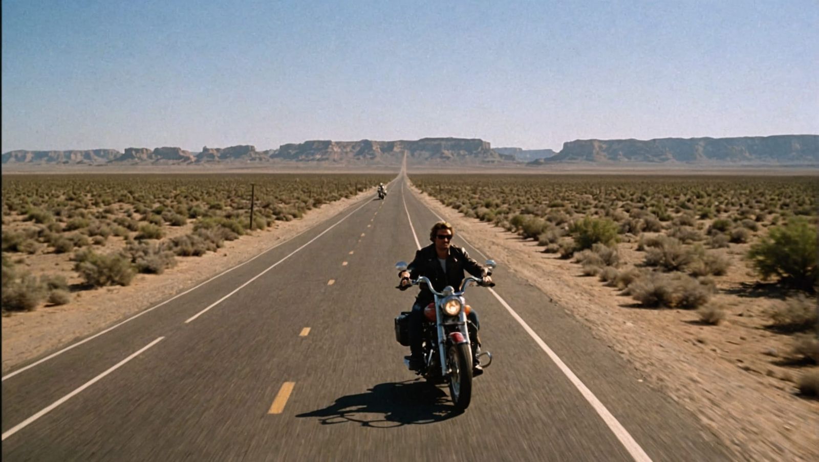 Motorcyclists riding Route 66 through the desert on a sunny day.  by @Eddie Nenolsk