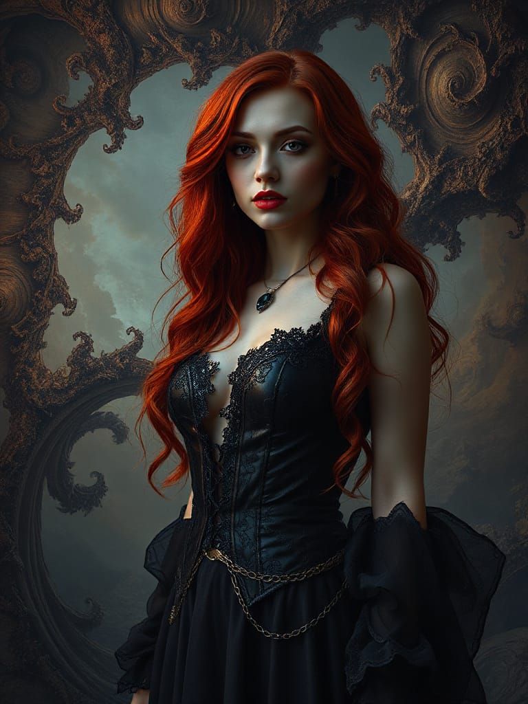 Gothic Woman in Abstract Realm with Eerie Red Glow