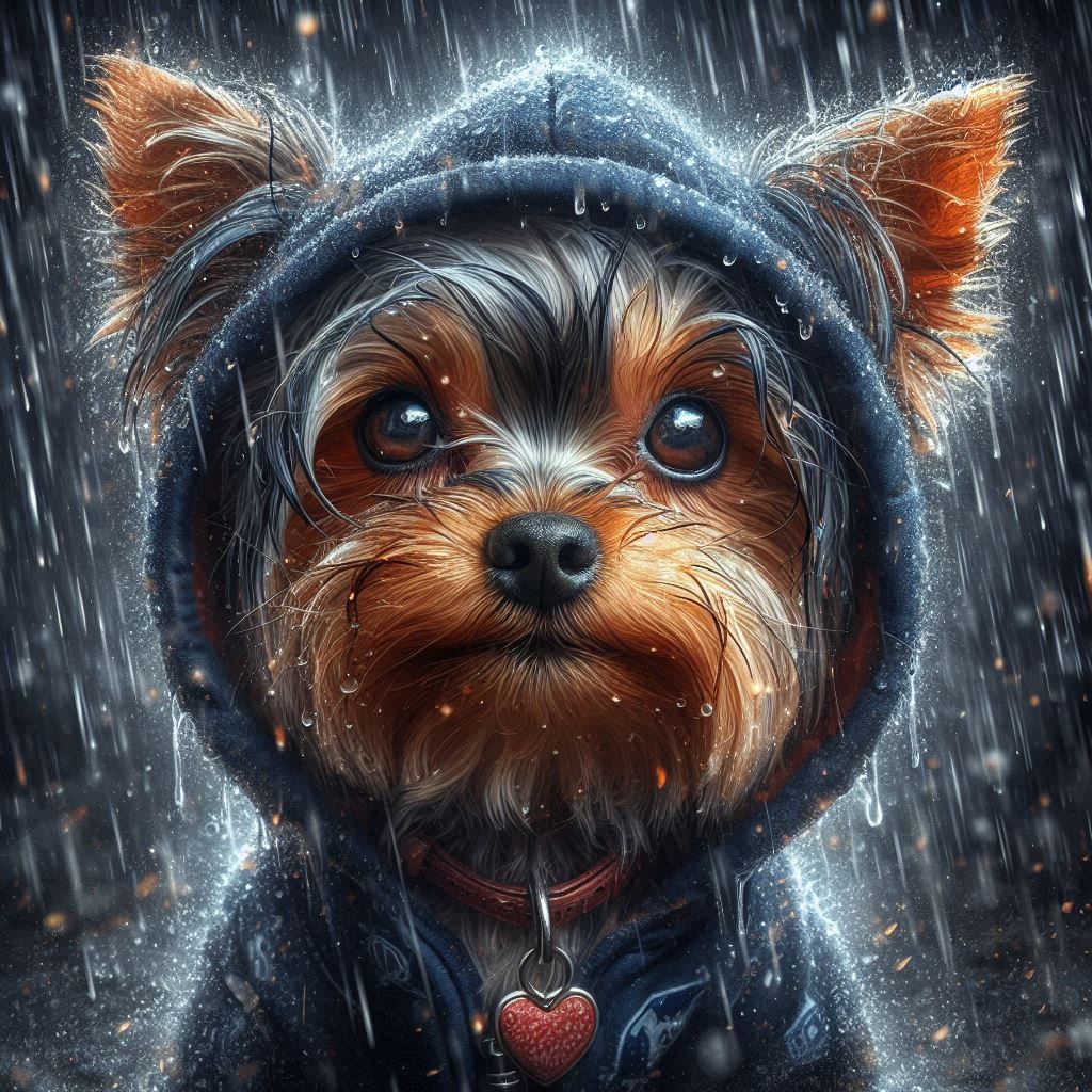 Cute Yorkie in the Rain