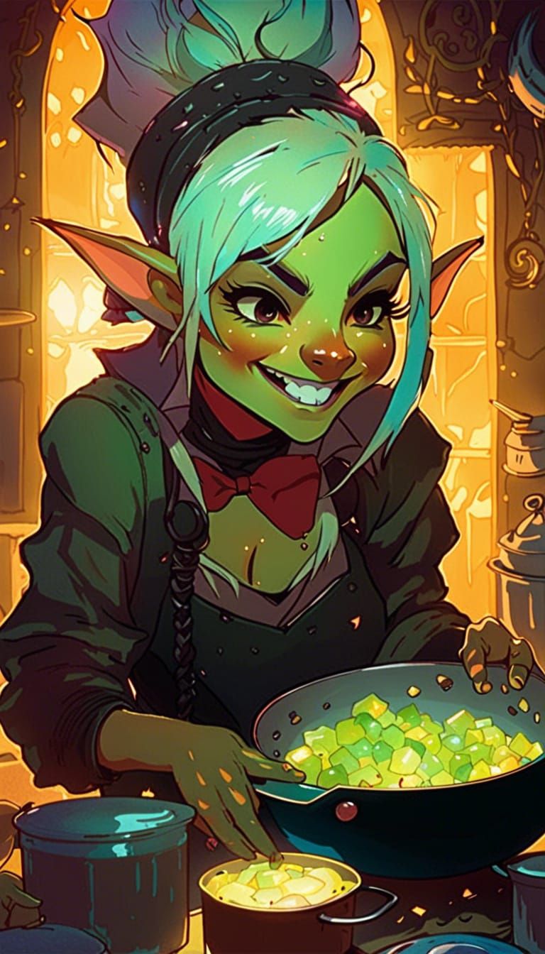 Female goblin cooking in a dungeon-like kitchen (SDXL 0.9 + ...