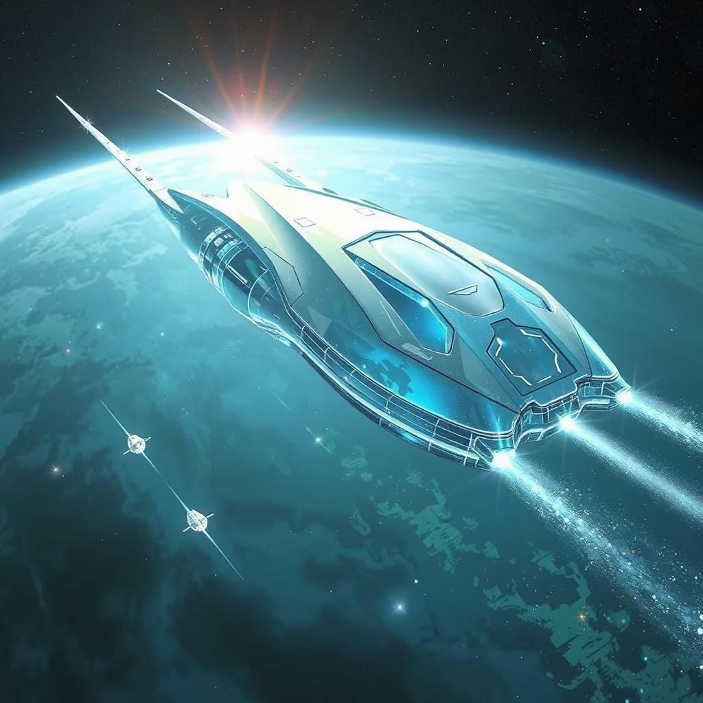 A crystalline spaceship, its aerodynamic form defined by sweeping