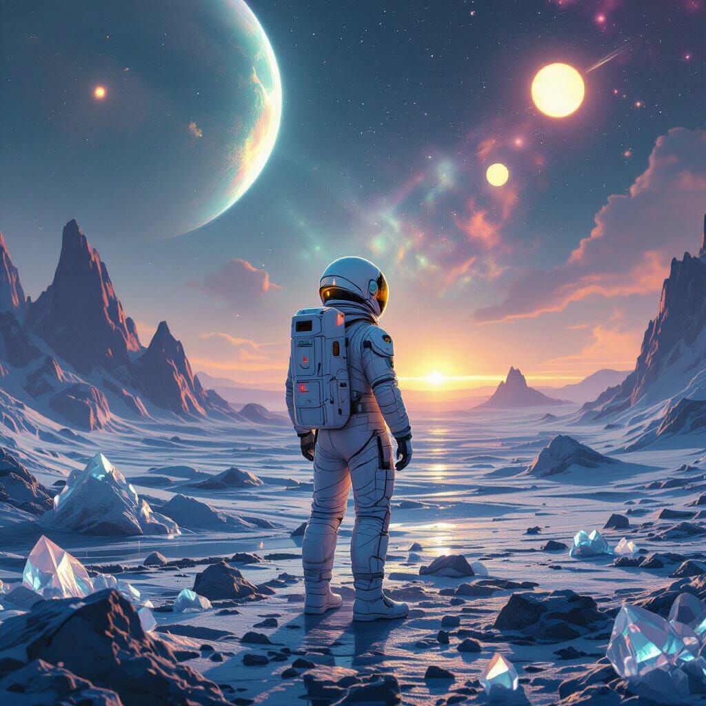 Astronaut on Alien Planet Gazing at Nebula Sky